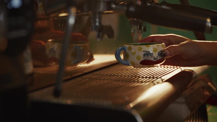 A hand places a quirky, hand-painted coffee cup onto the warming tray of an espresso machine