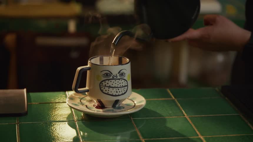 Slow motion close-up of hot water being poured from a gooseneck kettle into a whimsical, artistic mug on a green tiled countertop