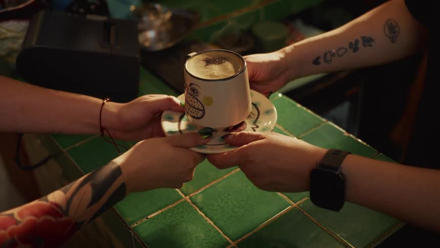 Slow motion close up of a barista serving coffee to a tattooed customer at a cafe counter