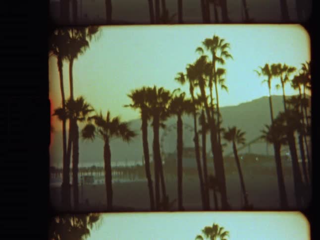 Dreamy vintage 8mm film captures the iconic silhouette of palm trees against a hazy California sunset over the beach