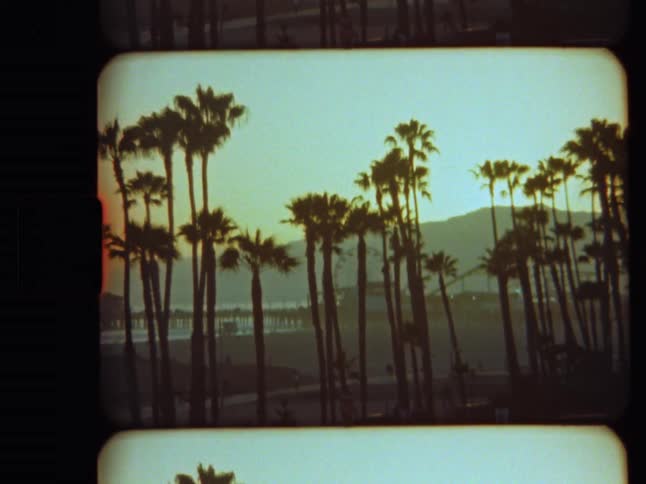 Vintage film captures the silhouettes of palm trees against the Santa Monica Pier and a lifeguard tower at sunset