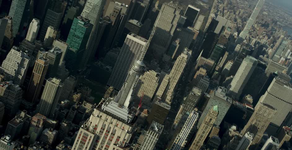 Aerial view of a large city with many tall buildings