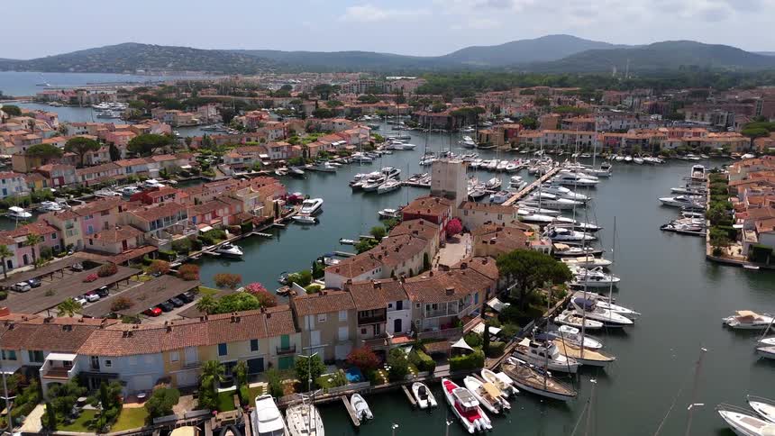 Slowly retreating aerial view of the picturesque seaside town of Port Grimaud in the French Riviera, showcasing its colorful houses, canals, and marina