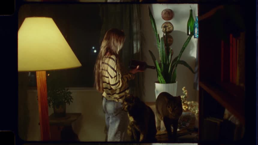 A young woman stands in her cozy apartment at night examining a bottle of wine while her two cats watch, shot on vintage film