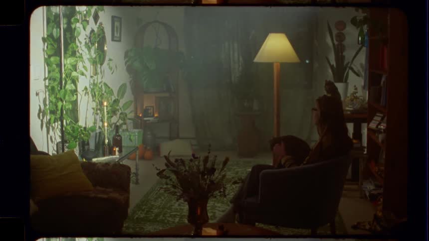 A person sits down with their cat for a quiet moment in a hazy, plant-filled living room with a vintage film look