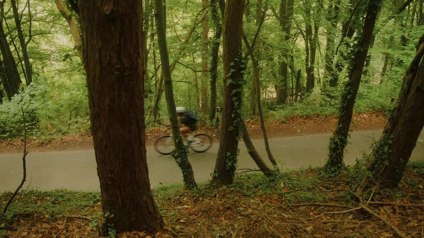 A high angle view captures cyclists in helmets and athletic gear riding along a paved road winding through a lush green forest