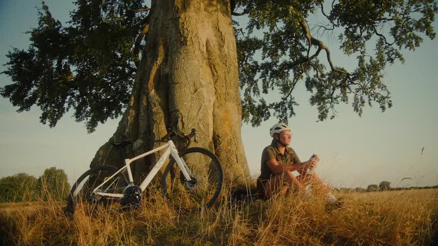 A female cyclist takes a peaceful water break under a large tree in a golden field during sunset