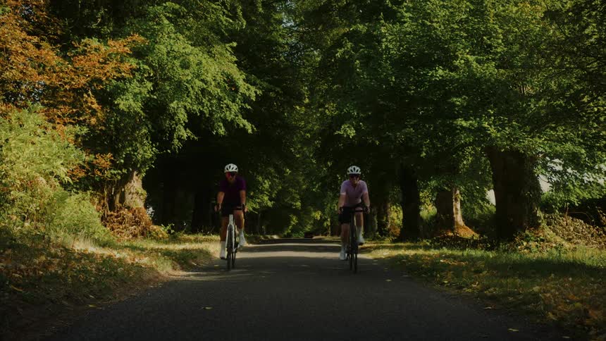 Two female cyclists ride their bicycles side-by-side towards the camera down a beautiful tree-lined country road on a sunny day
