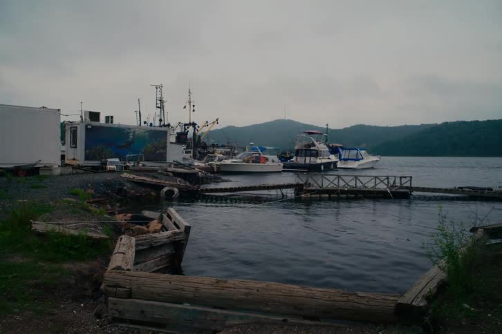 Boats and a small fishing vessel are moored at a makeshift pier on a tranquil bay on an overcast day