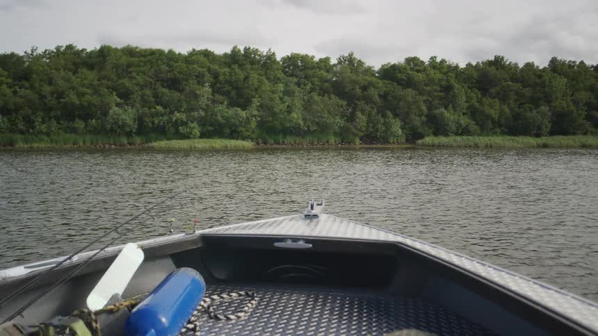 View from the bow of a stationary fishing boat on a calm river with a dense green forest on the opposite bank under a cloudy sky