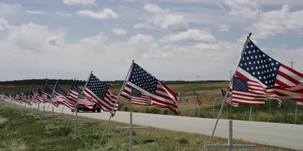 American flags stuck in grass waving in wind as cars drive by