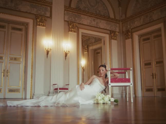 A beautiful bride in a white wedding gown reclines on the polished floor of a grand ballroom