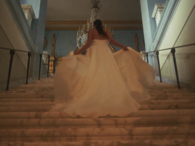An elegant bride ascends a grand marble staircase, her beautiful white wedding gown flowing behind her in slow motion
