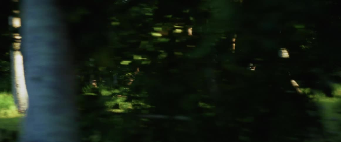 A young man and woman run through a lush green tropical forest in a dramatic slow motion tracking shot