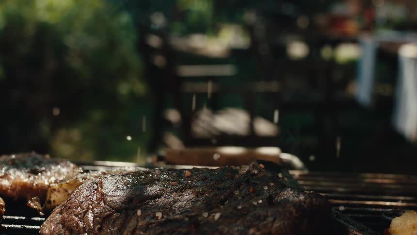 Sizzling steak, burgers, and vegetable skewers are seasoned with salt and pepper in slow motion on a sunny outdoor barbecue
