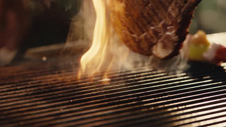 A juicy beef steak is flipped on a flaming barbecue grill during a sunny cookout in slow motion