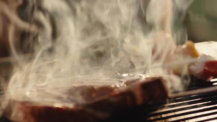 A close-up slow-motion shot of a t-bone steak and kabobs sizzling and flaming on a smoky barbecue grill
