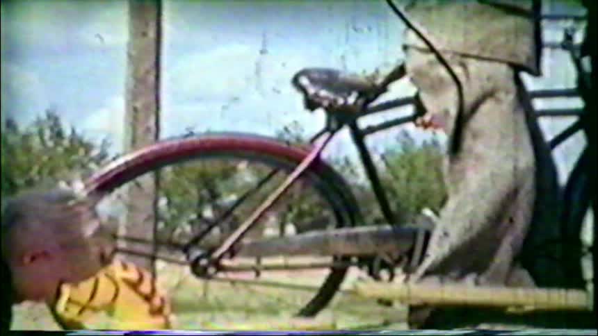 Vintage footage of a family enjoying a sunny day outdoors with a bicycle and a rocking horse