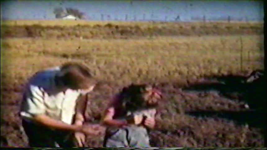 Vintage home movie captures three children admiring and petting a tiny kitten in a sunny, rural field