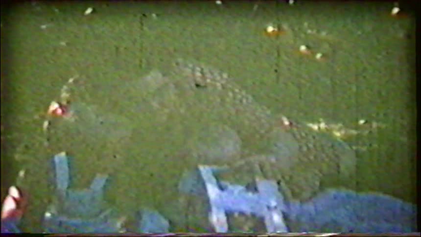 Grainy and faded vintage home movie footage shows a grandmother and mother playing with a baby on a blanket in a sunny park