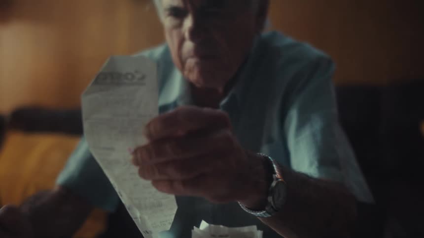 Worried elderly US Air Force veteran sits at home carefully reviewing his receipts and finances