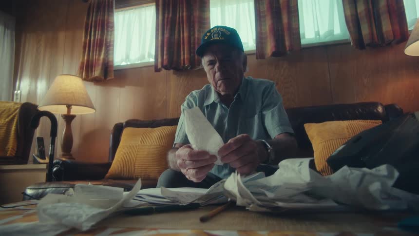 A senior veteran with a worried expression sits on his couch and slowly sorts through a pile of receipts and mail in his dimly lit living room