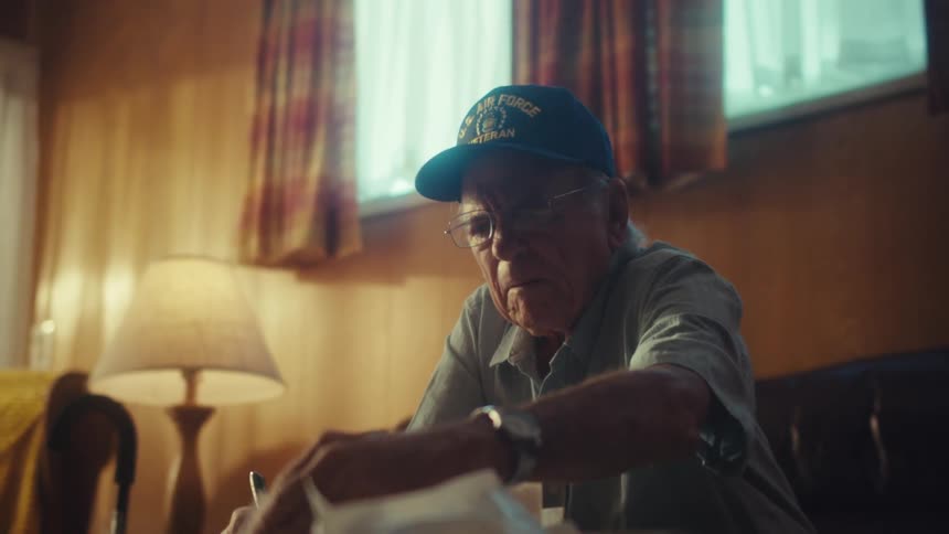 An elderly Air Force veteran with glasses sits at a table in a dimly lit room, carefully sorting through his bills and paperwork