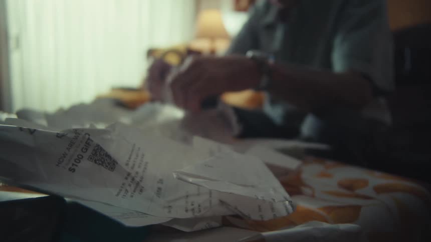 An out-of-focus person sits at a table sorting through a large pile of crumpled paper receipts in the foreground
