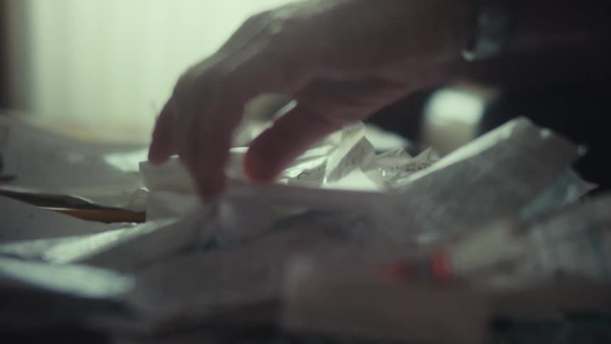 Close up in slow motion of a person's hands sorting through a messy pile of receipts and bills while doing their taxes
