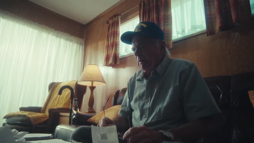 An elderly Air Force veteran with a worried expression sits on his couch, anxiously reviewing his bills and finances
