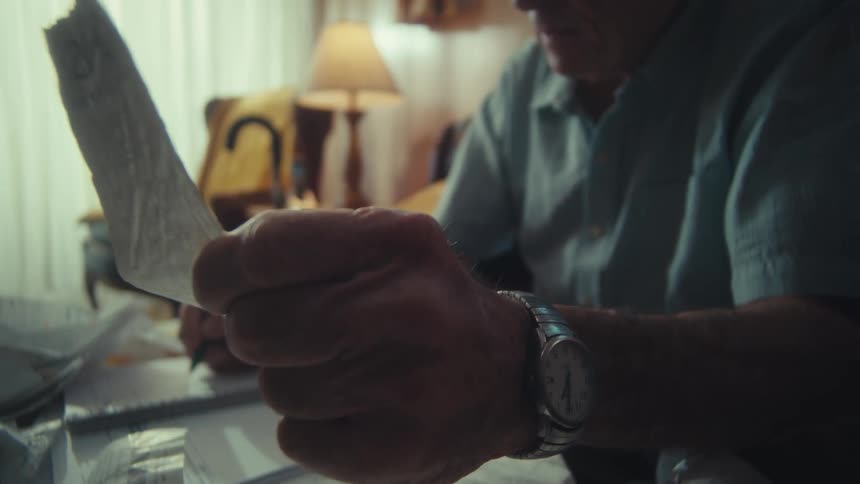 An elderly veteran carefully reviews his bills and paperwork while calculating his finances in his living room