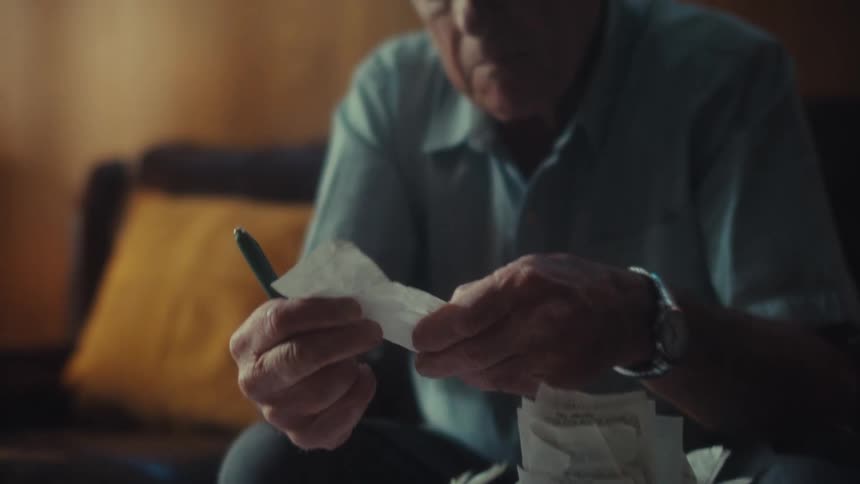 A concerned elderly U.S. Air Force veteran carefully reviews a large pile of receipts while managing his finances at home