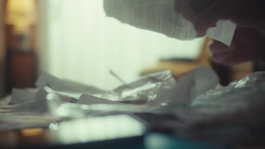 A man's hands slowly sort through a messy pile of receipts and bills on a table while calculating finances