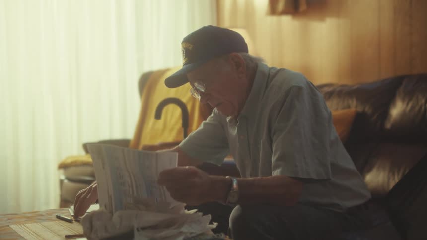 An elderly Air Force veteran with a concerned expression sits on his sofa in a warmly lit living room, carefully reviewing his bills and paperwork