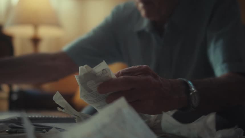 A stressed elderly U.S. Air Force veteran sits in a dimly lit room sorting through a pile of bills and receipts