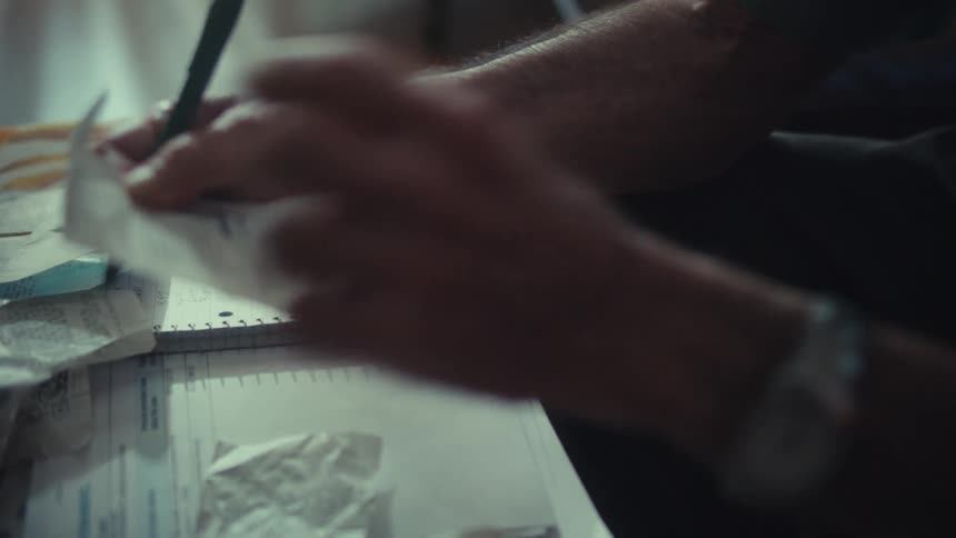 A person's hands write numbers in a notepad while sorting through a pile of receipts and bills to manage their budget