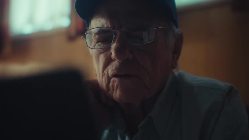 Close up of a pensive elderly Air Force veteran video chatting on his phone in a warmly lit living room
