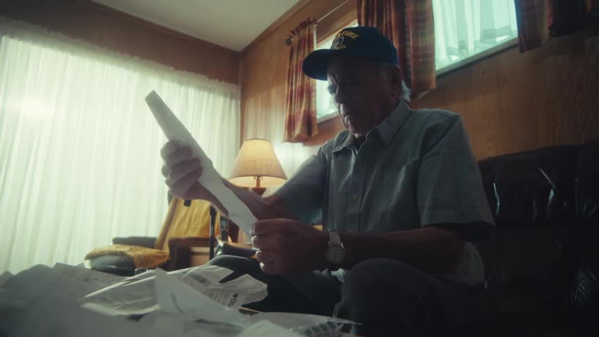 A serious elderly man wearing a veteran's cap meticulously sorts through a pile of bills and receipts while sitting on his couch at home