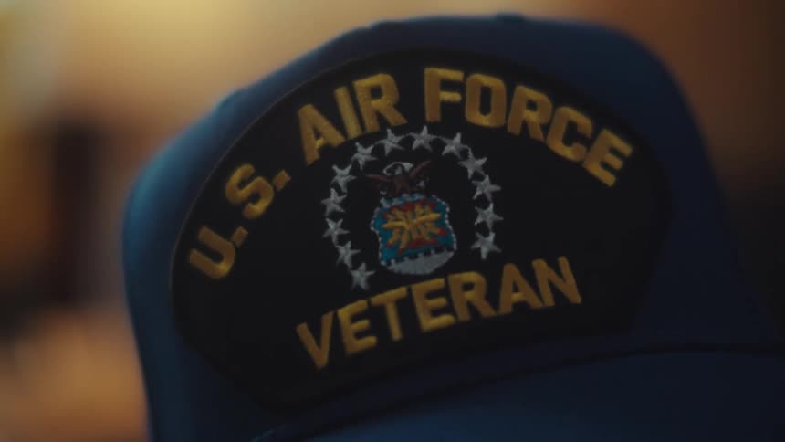 A close-up shot of an embroidered United States Air Force Veteran hat