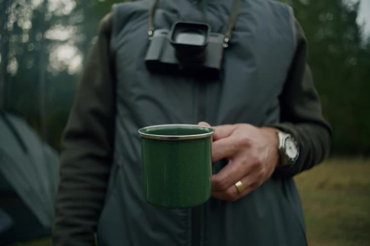 A man holding a green enamel camping mug stands in a forest with a camera around his neck