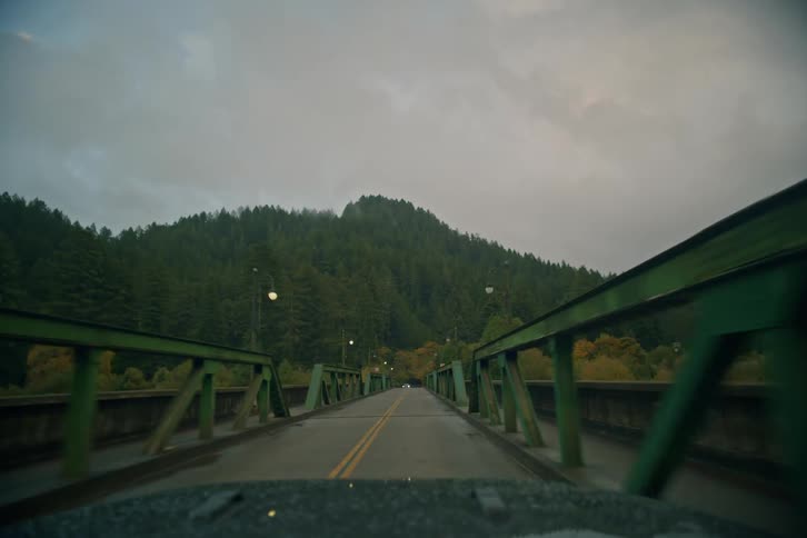 A point-of-view shot from a car driving slowly across a green steel bridge toward a forest-covered mountain on a cloudy, rainy day