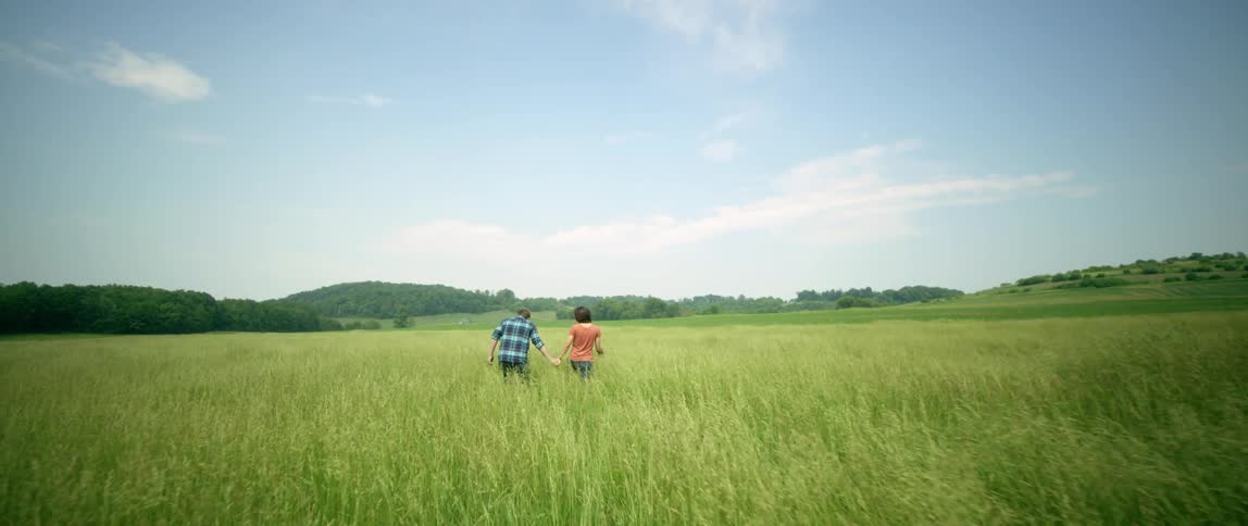 A man and woman walk hand in hand through a field of grass