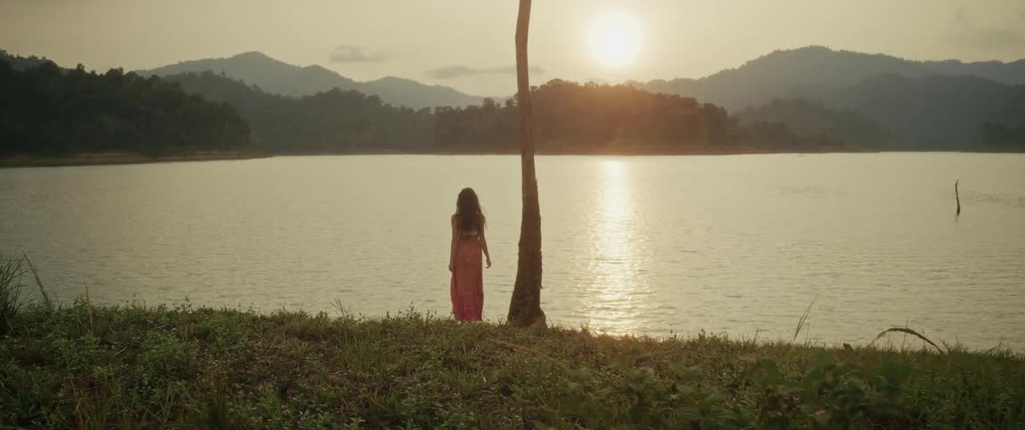 A graceful woman in a flowing dress walks to the edge of a beautiful lake, stopping by a lone tree to watch the golden sunset over the mountains
