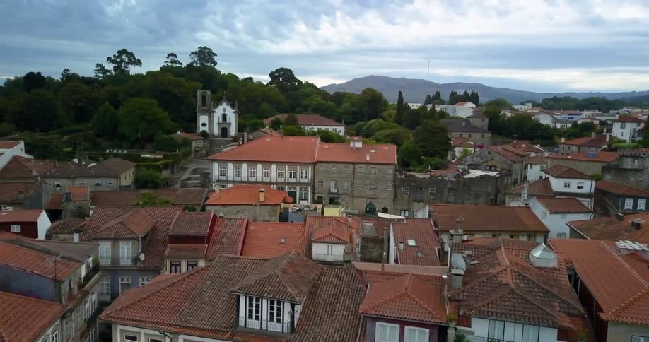The rooftops of a town with trees and hills in the distance