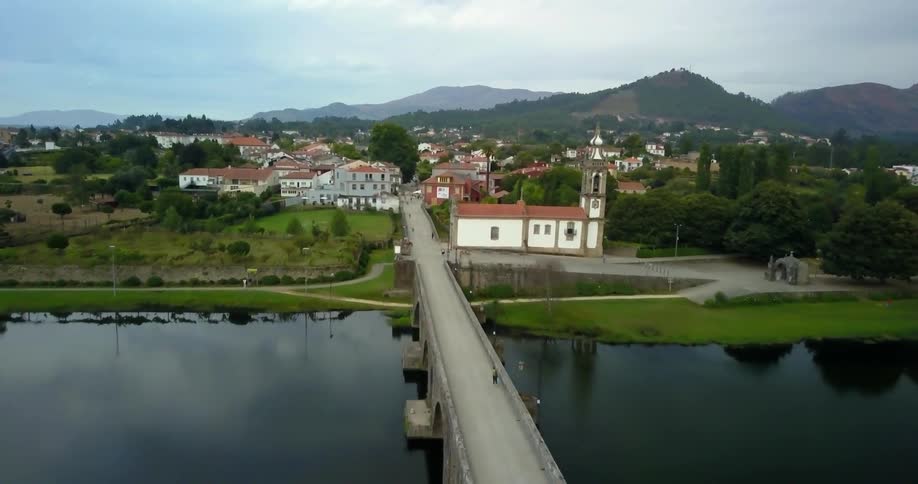 Aerial view of a river and a small town
