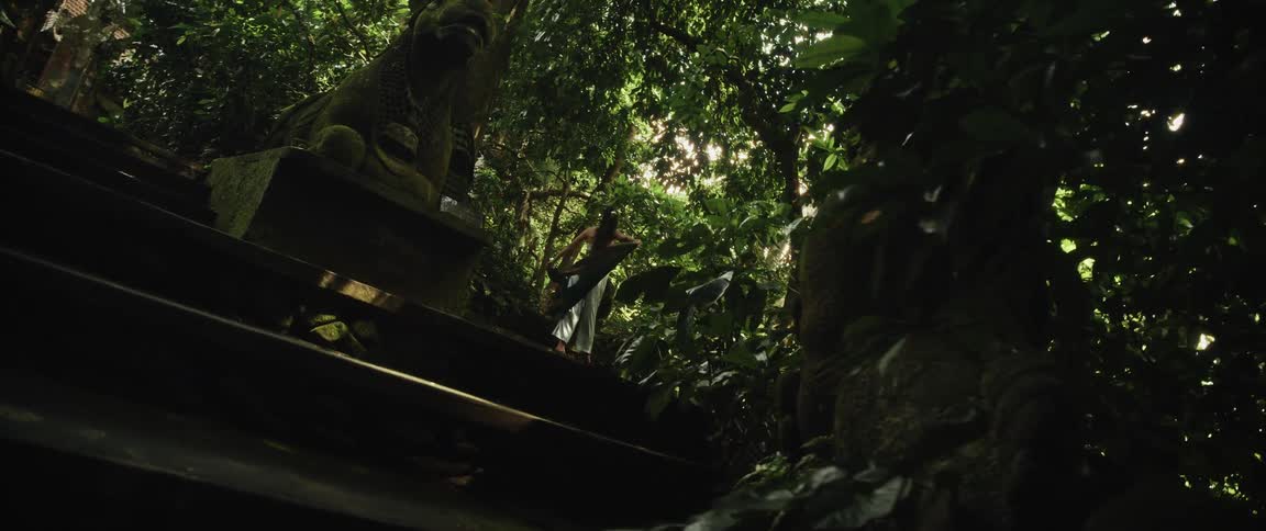 A mysterious woman is revealed walking on ancient temple stairs in a lush jungle, holding a giant leaf