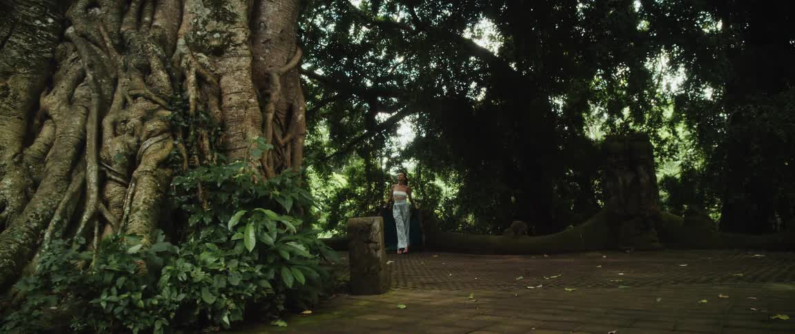 A serene woman walks through a mystical jungle courtyard, surrounded by ancient, moss-covered trees and stone statues
