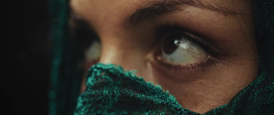 An extreme close-up reveals the expressive brown eyes of a woman wearing a green veil, her gaze full of mystery and emotion