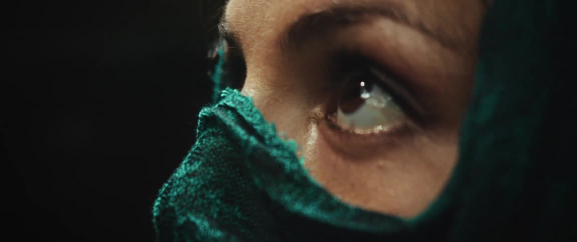 A dramatic close-up of a woman's expressive eyes, partially covered by a green veil, conveying sadness and fear