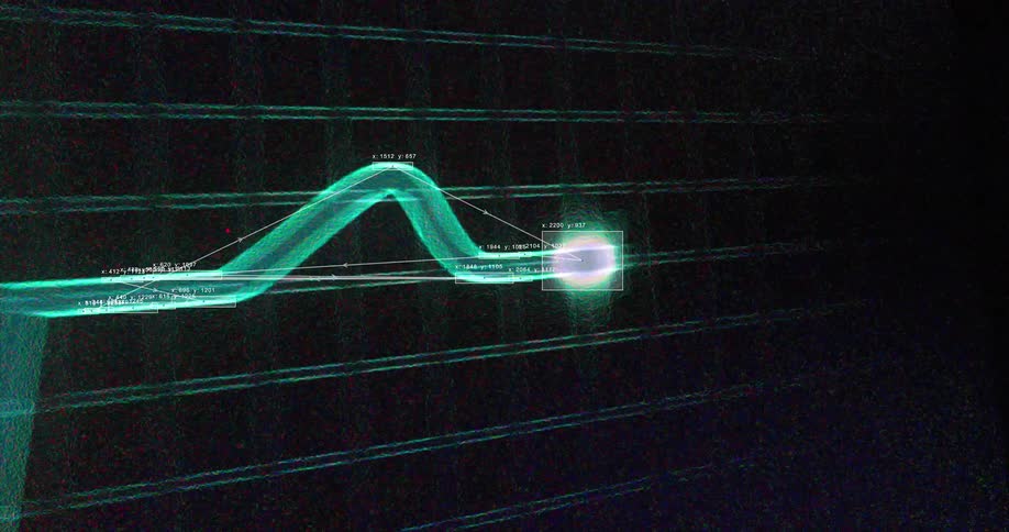 Futuristic data visualization tracks a glowing orb's trajectory across a digital network grid